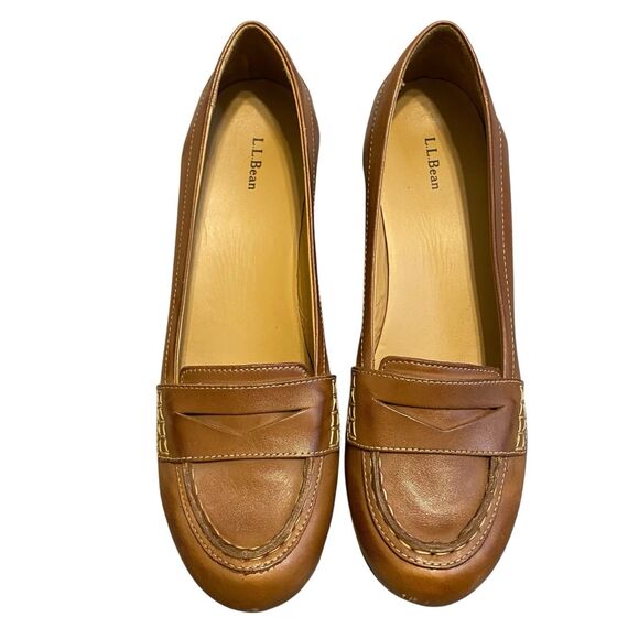 LL Bean Wedge Loafer Women 9M Brown Leather Round Toe Comfort Office Wear Casual - Picture 2 of 11